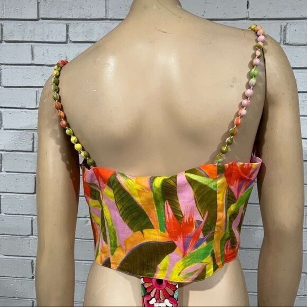 Farm Rio for Anthropologie Tropical Beaded Strap Bustier Crop Top Pink Green | M - Picture 9 of 10